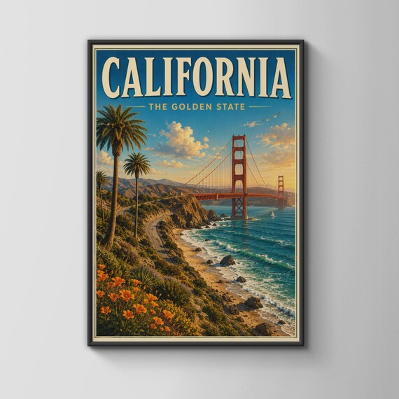 California The Golden State Golden Gate Bridge Coastal Sunset Poster