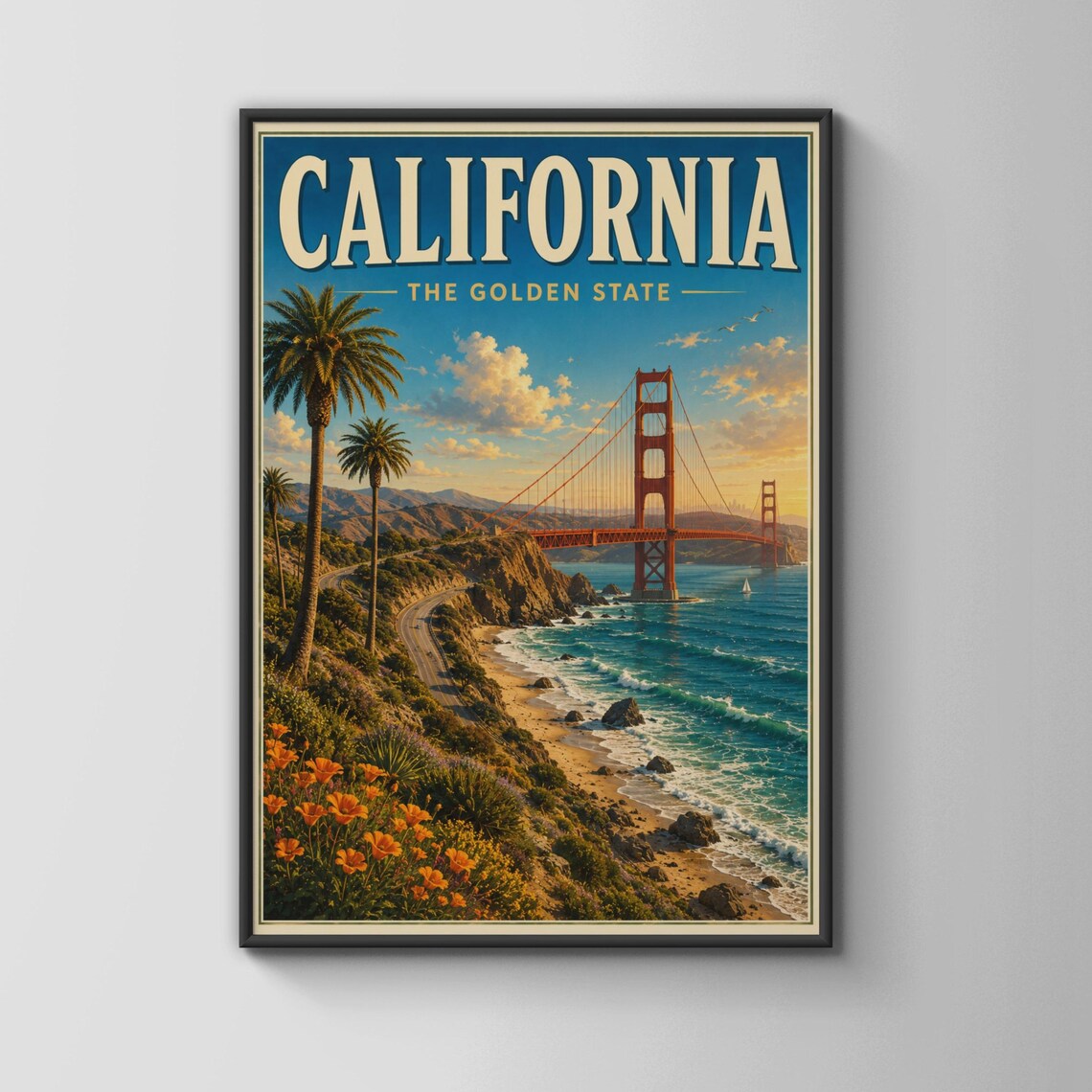 California The Golden State Golden Gate Bridge Coastal Sunset Poster