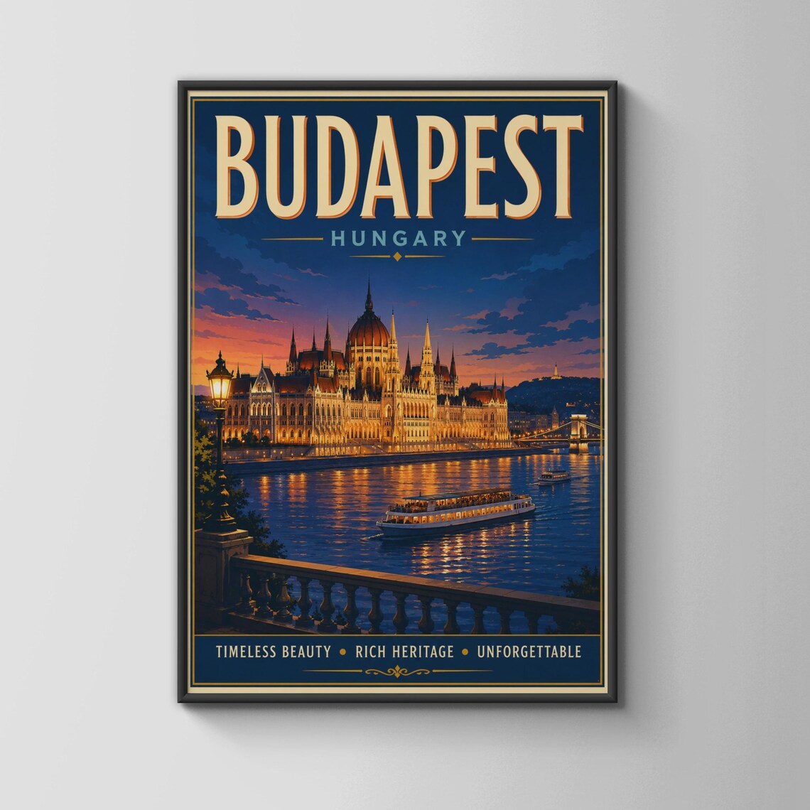 Budapest Hungary Vintage Travel Poster, Parliament Danube River
