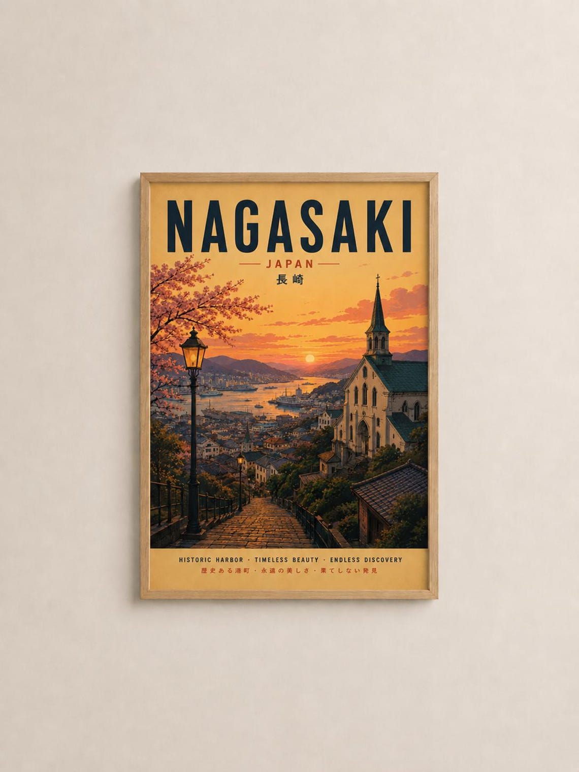 Nagasaki Japan Historic Harbor Church Sunset Vintage Travel Poster