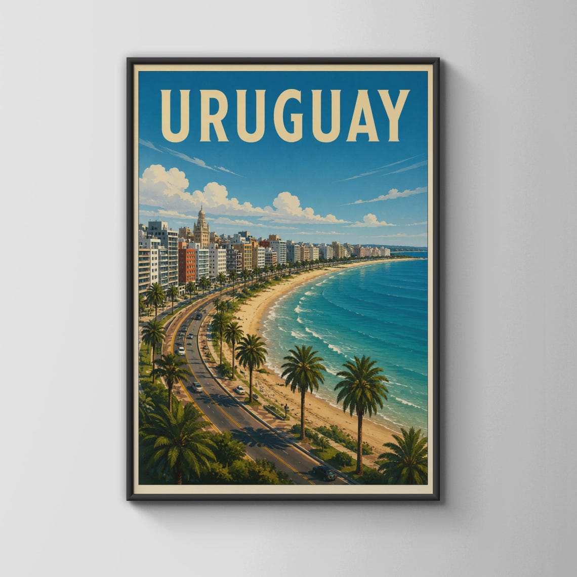 Uruguay Montevideo Beach Rambla Vintage Coastal Travel Poster
