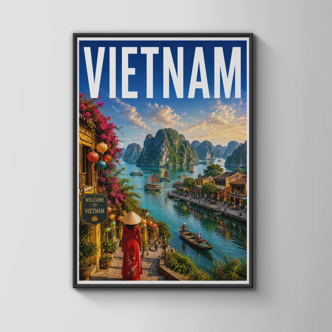 Vietnam Ha Long Bay Hoi An Lanterns Sunset River Travel Poster