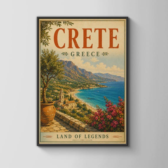 Crete Greece Vintage Travel Poster Mediterranean Wall Art Print Greek Island Decor