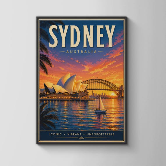 Sydney Australia Travel Poster Opera House Harbour Bridge Sunset Wall Art Print