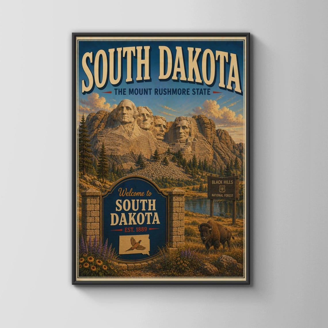 South Dakota Mount Rushmore Bison Vintage State Travel Poster