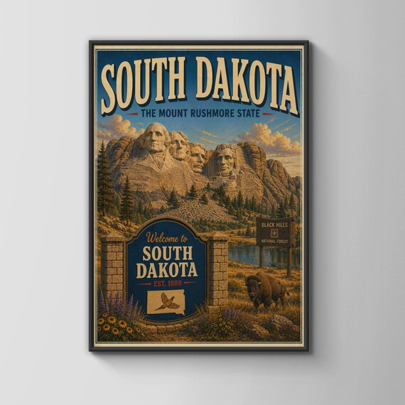 South Dakota Mount Rushmore Bison Vintage State Travel Poster