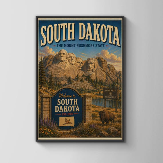 South Dakota Travel Poster Mount Rushmore Wall Art Black Hills Vintage Print
