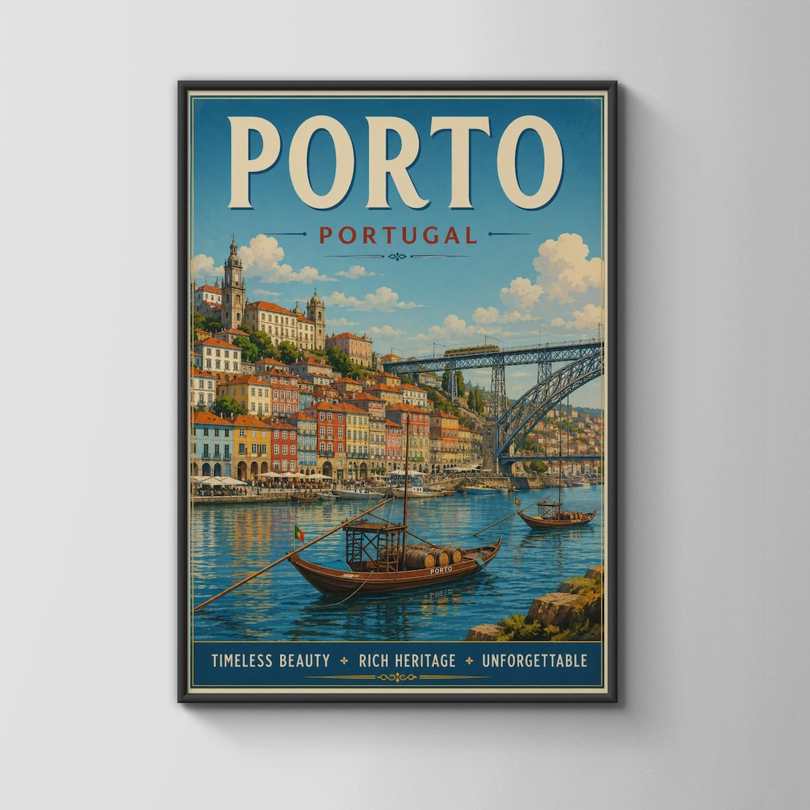 Porto Portugal Douro River Vintage Travel Poster Bridge Boats Retro View