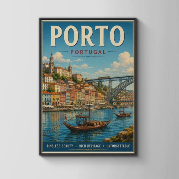 Porto Portugal Vintage Travel Poster Douro River Wall Art Retro City Print