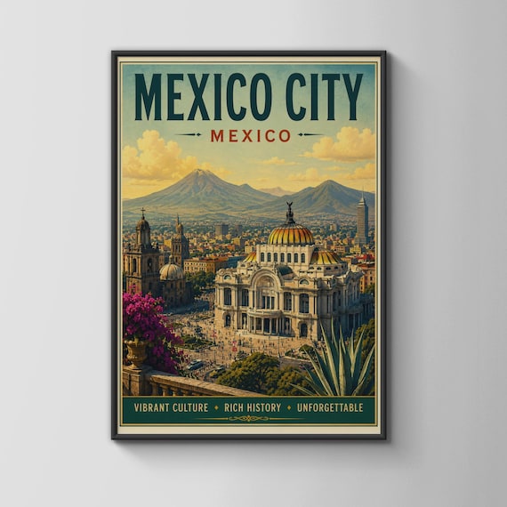 Mexico City Palacio Bellas Artes Vintage Latin Travel Poster Retro Art