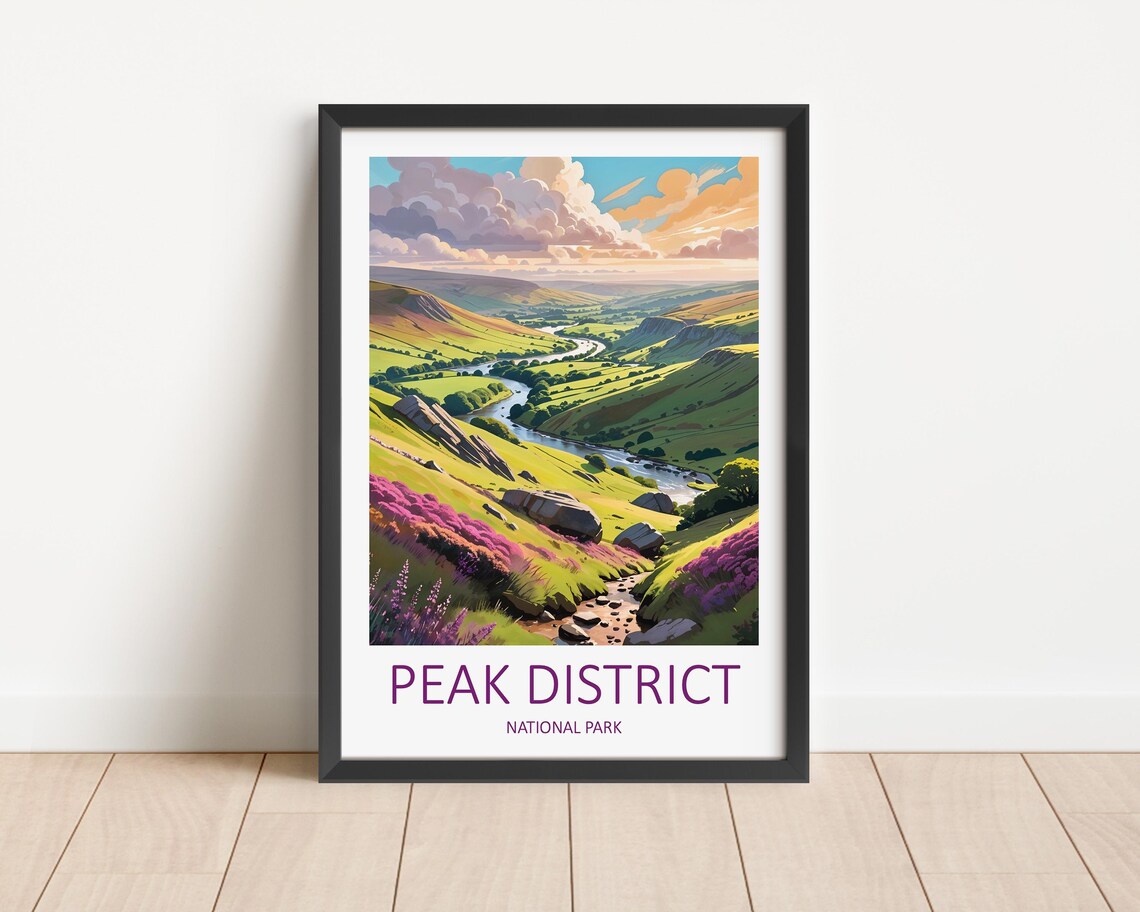 Peak District National Park Green Valley River Heather Hills Poster