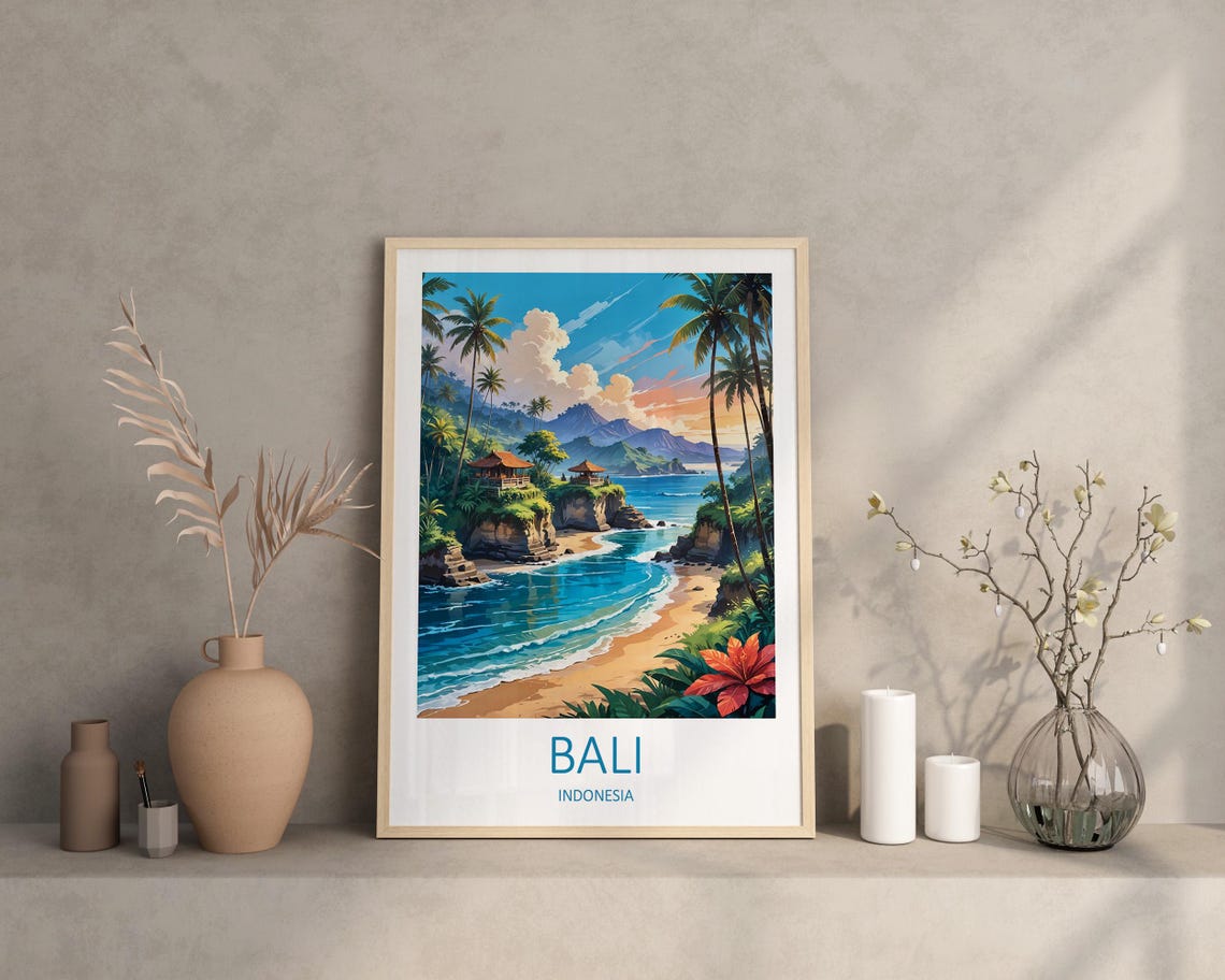 Bali Indonesia Cliff Temple Beach With Palms And Turquoise Sea Poster - Image 2
