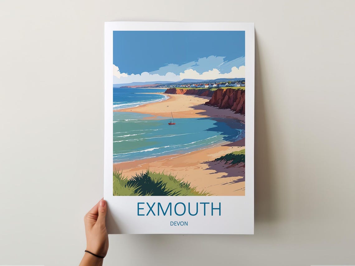 Exmouth Devon Sandy Beach Cove Red Cliffs and Sailboat Poster - Image 5