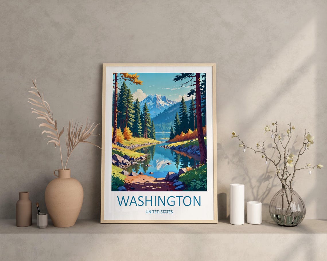 Washington United States Pine Forest Lake And Snowy Mountain Poster - Image 3