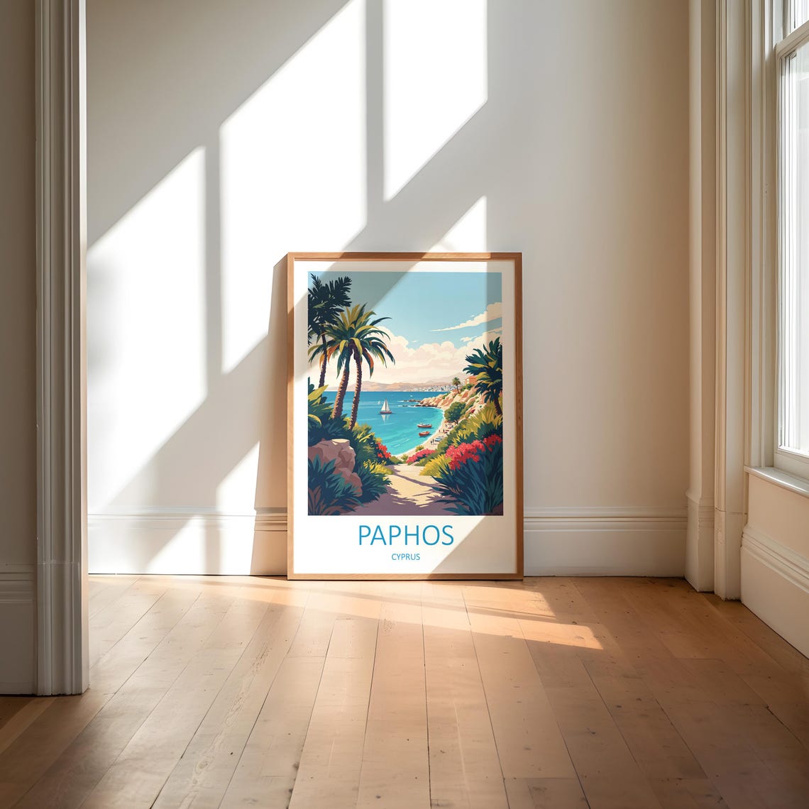 Paphos Cyprus Palm Lined Path Down To An Azure Beach Cove Poster - Image 6