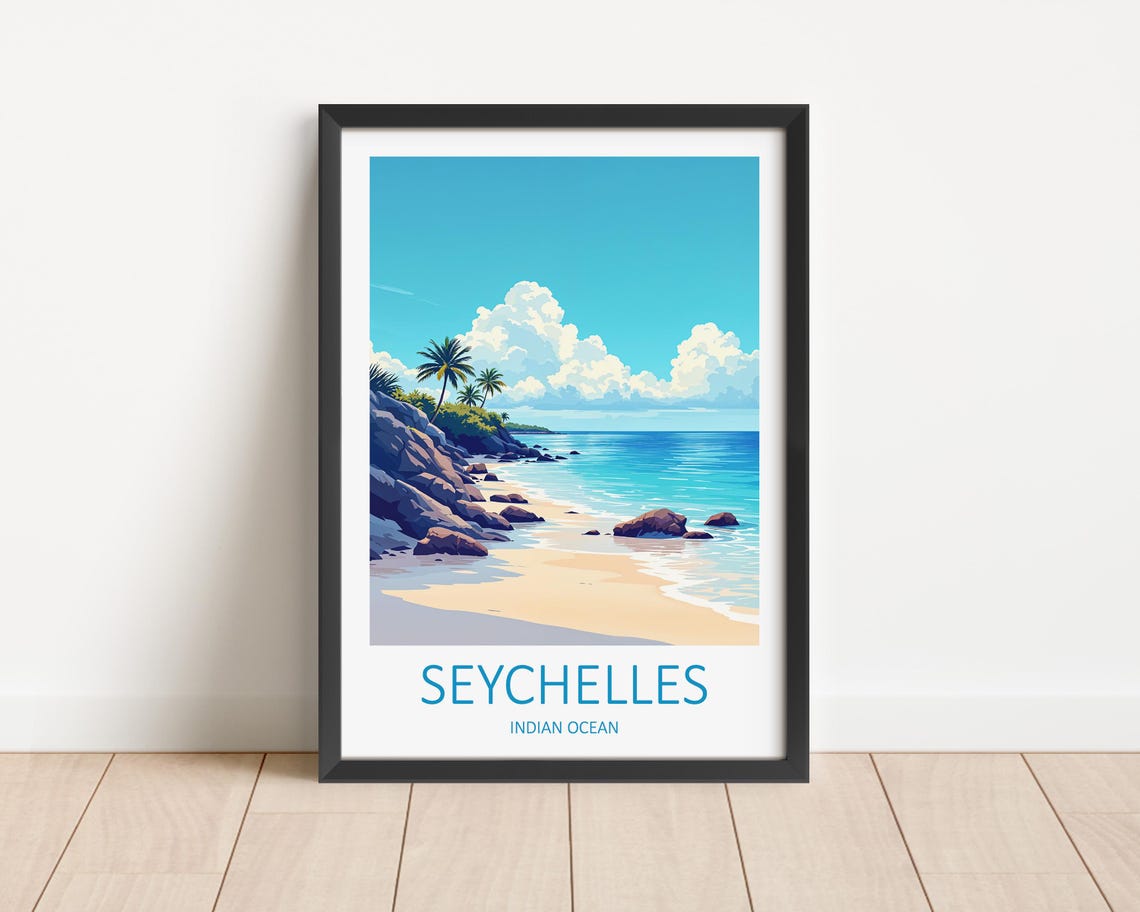 Seychelles Indian Ocean Granite Boulder Beach With Palms Poster