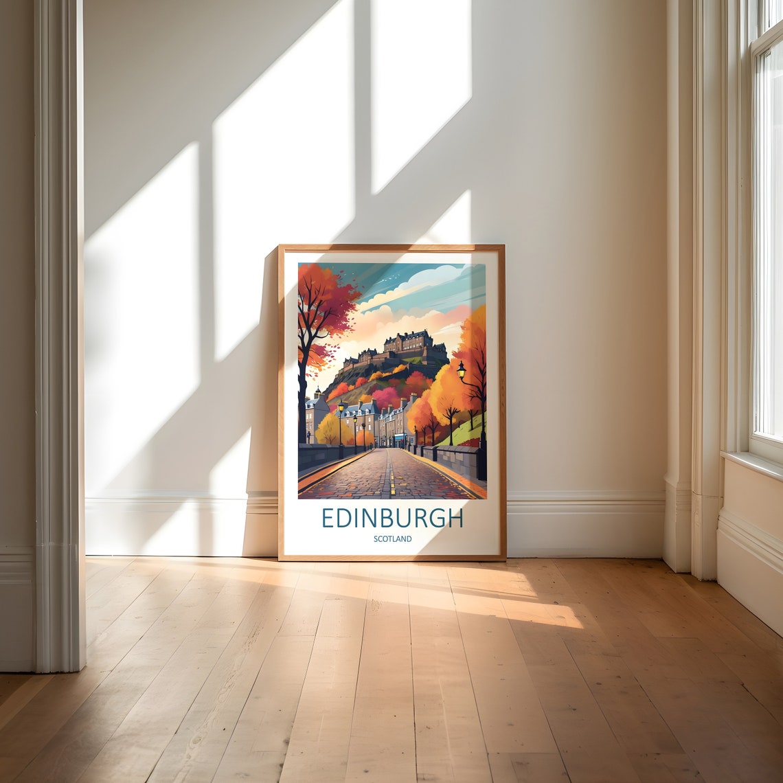 Edinburgh Scotland Castle In Autumn Cobblestone Street Poster - Image 6