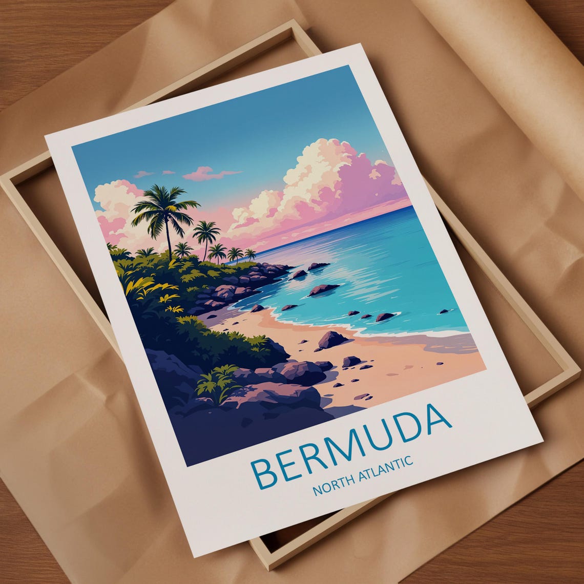 Bermuda North Atlantic Palm Lined Sandy Beach Cove Scene Poster - Image 4