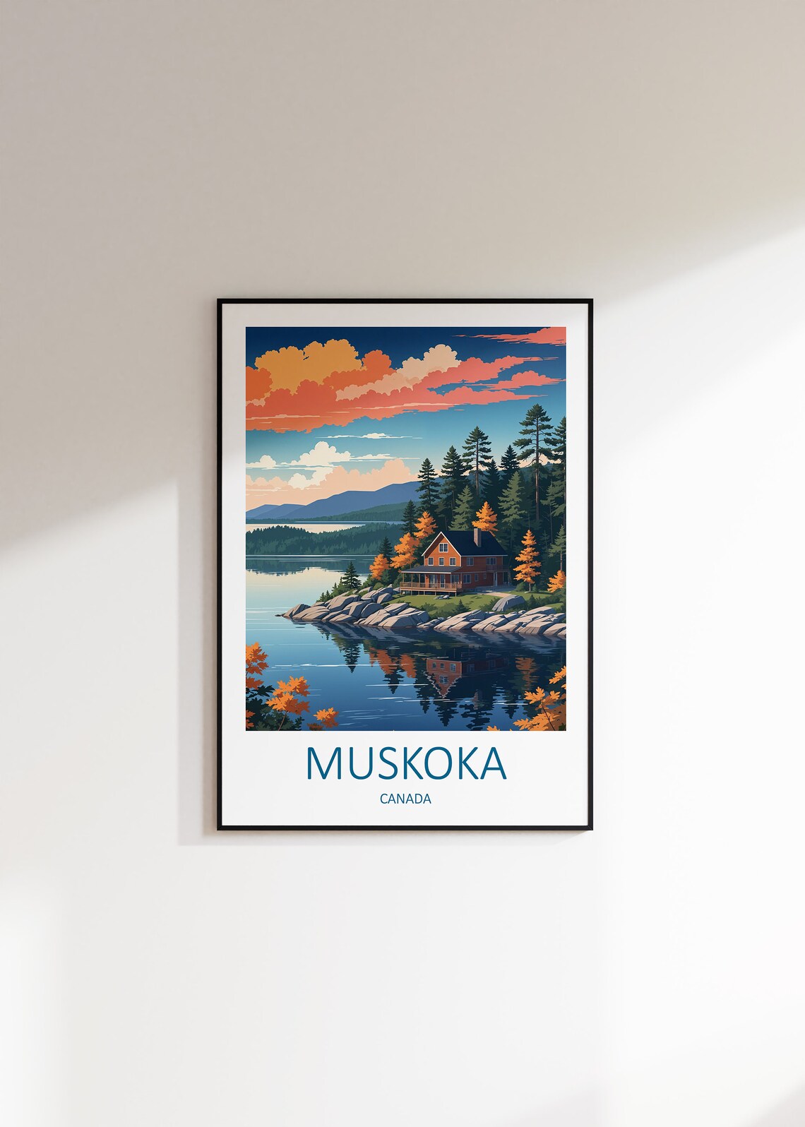 Vintage Muskoka Canada Autumn Lake Cabin Landscape Scene Poster - Image 3