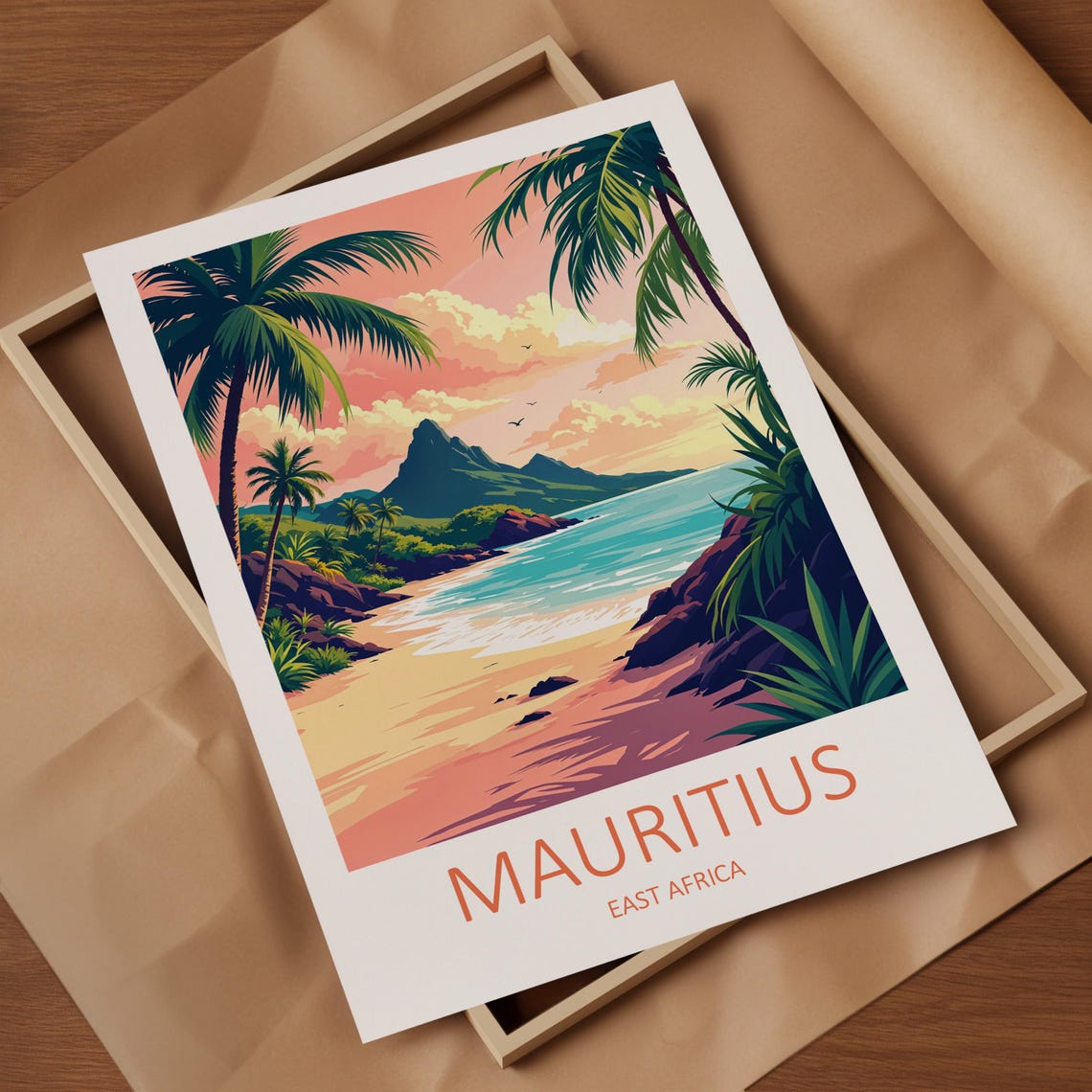Mauritius East Africa Tropical Beach Palm Trees Mountain Sunset Poster - Image 4