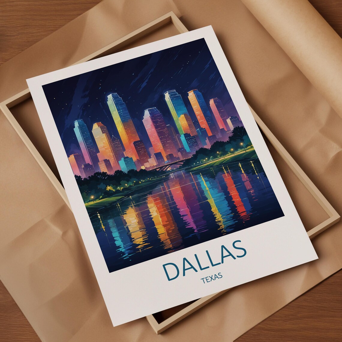 Dallas Texas Night Skyline With Bright Colorful City Lights Poster - Image 4