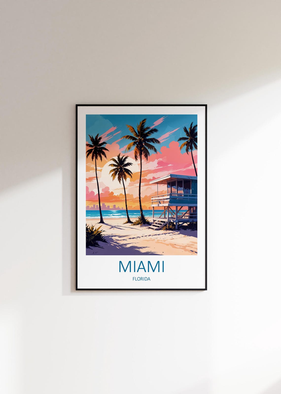 Miami Florida Lifeguard Tower Beach Sunset With Palm Trees Poster - Image 2