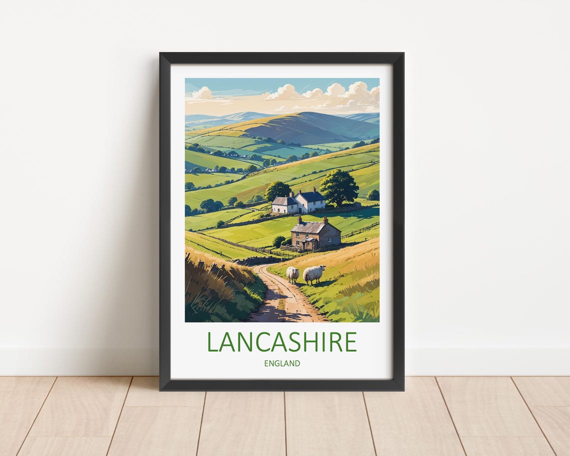 Lancashire Green Rolling Hills Sheep And Cottages Travel Poster