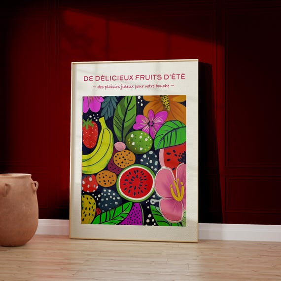 Tropical Fruits Flowers Art Print Colorful Kitchen Decor