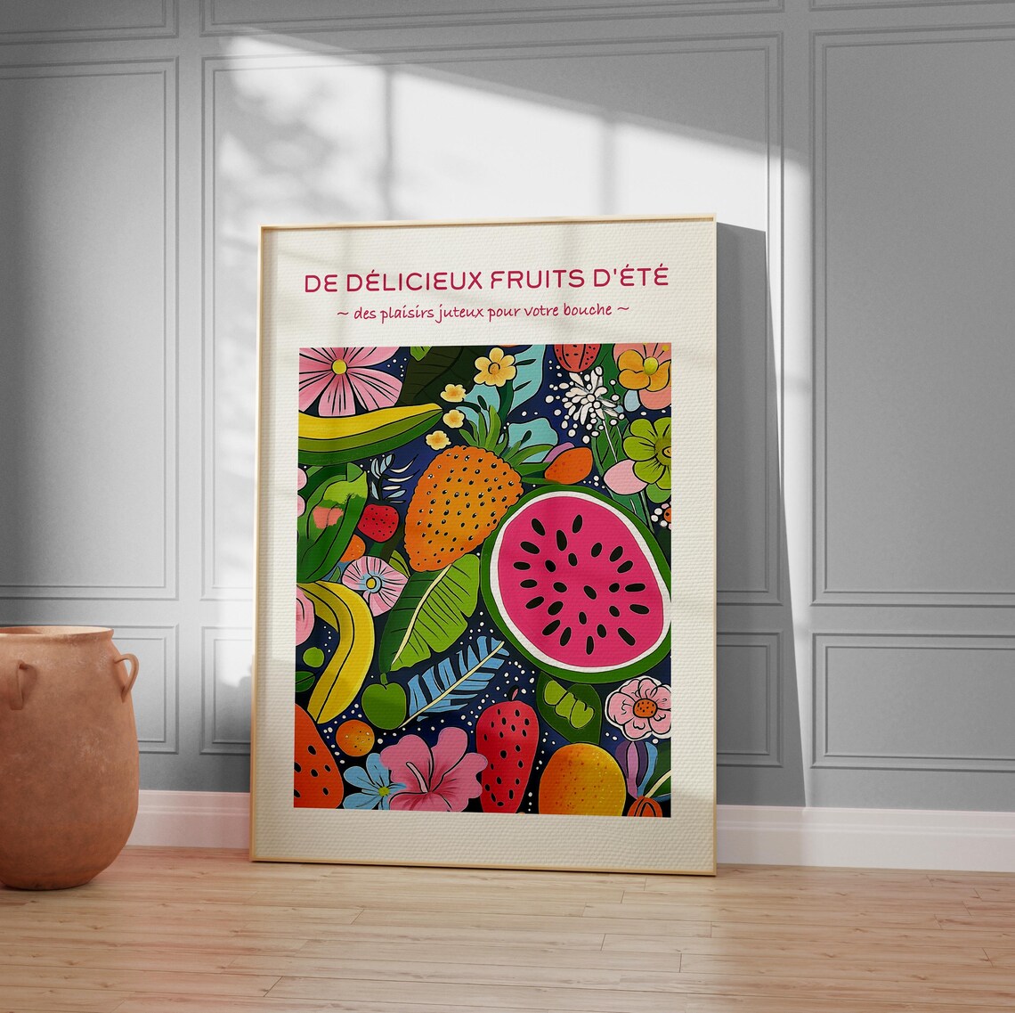 De Delicieux Fruits d'Ete Poster Tropical Fruit Floral Kitchen Wall Decor