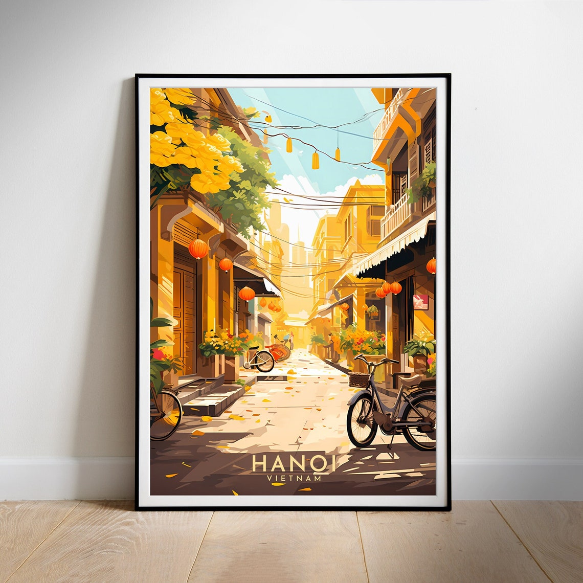 Hanoi Vietnam Lantern Alley Bicycles Retro Travel Art Poster - Image 2