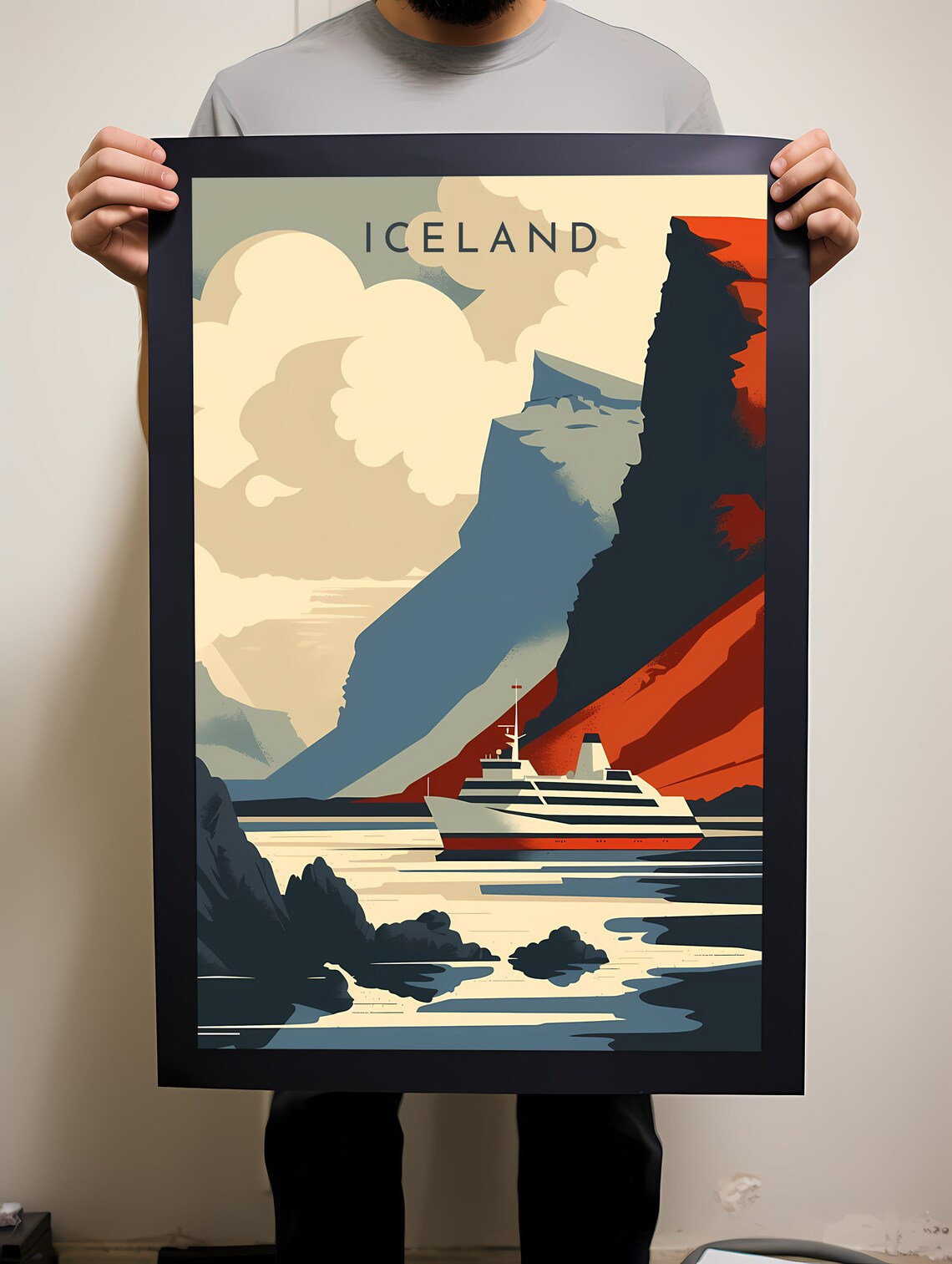 Iceland Fjord Cruise Ship Colorful Retro Style Travel Poster - Image 2