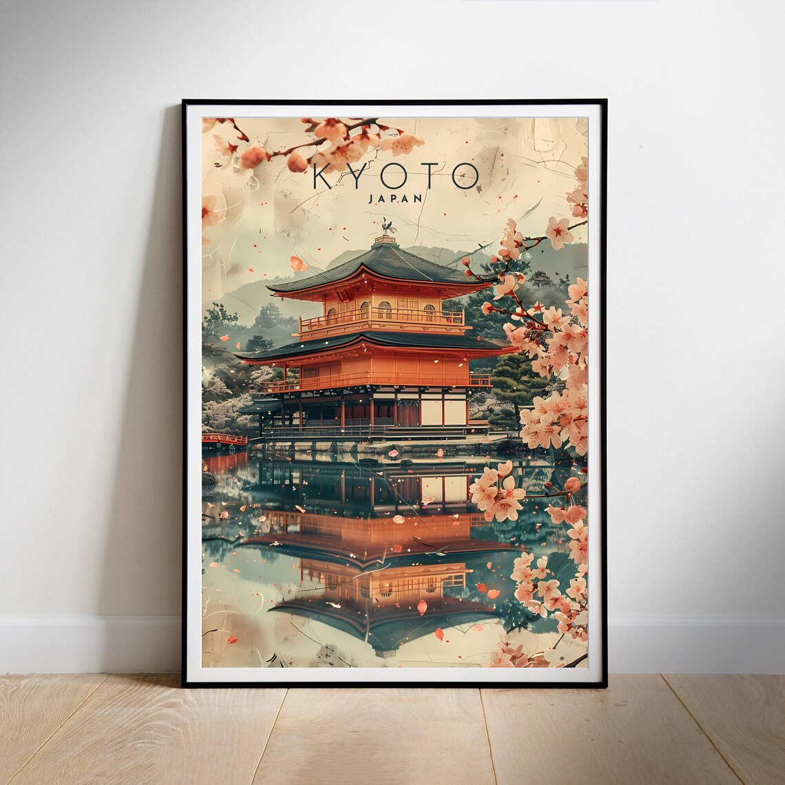 Kyoto Kinkakuji Golden Pavilion Cherry Blossom Art Travel Poster