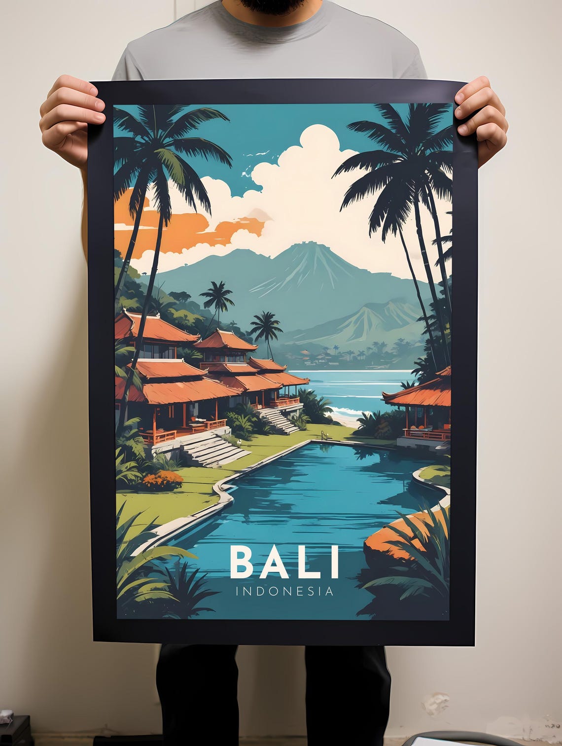 Bali Indonesia Tropical Resort Pool Volcano Vintage Travel Poster