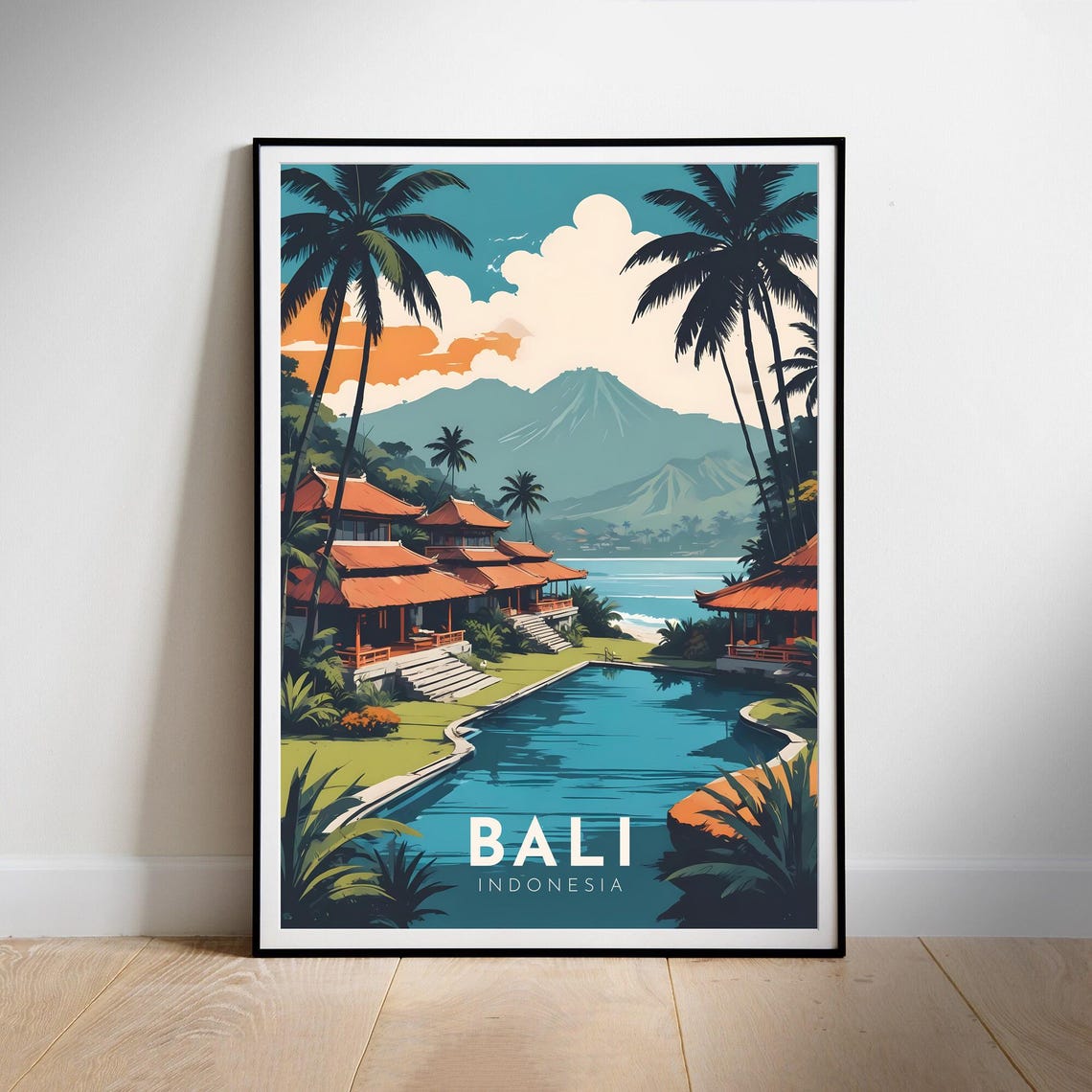 Bali Indonesia Tropical Resort Pool Volcano Vintage Travel Poster - Image 2