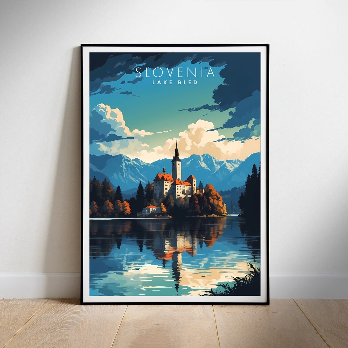 Lake Bled Slovenia Stormy Dusk Castle Island Reflection Poster - Image 2