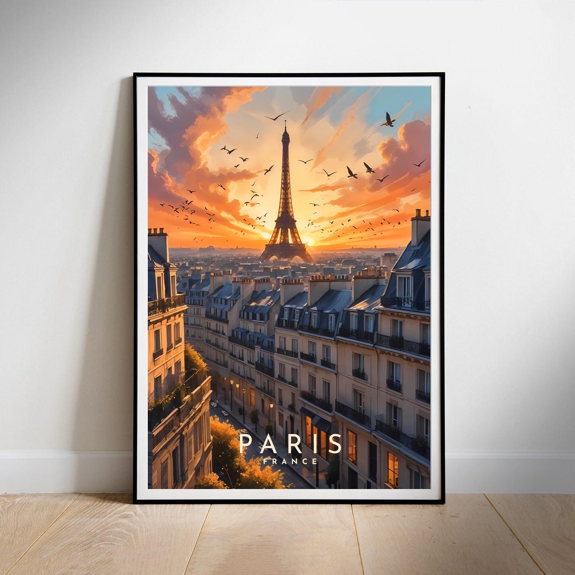Paris Eiffel Tower Sunset Rooftops Birds France Travel Poster