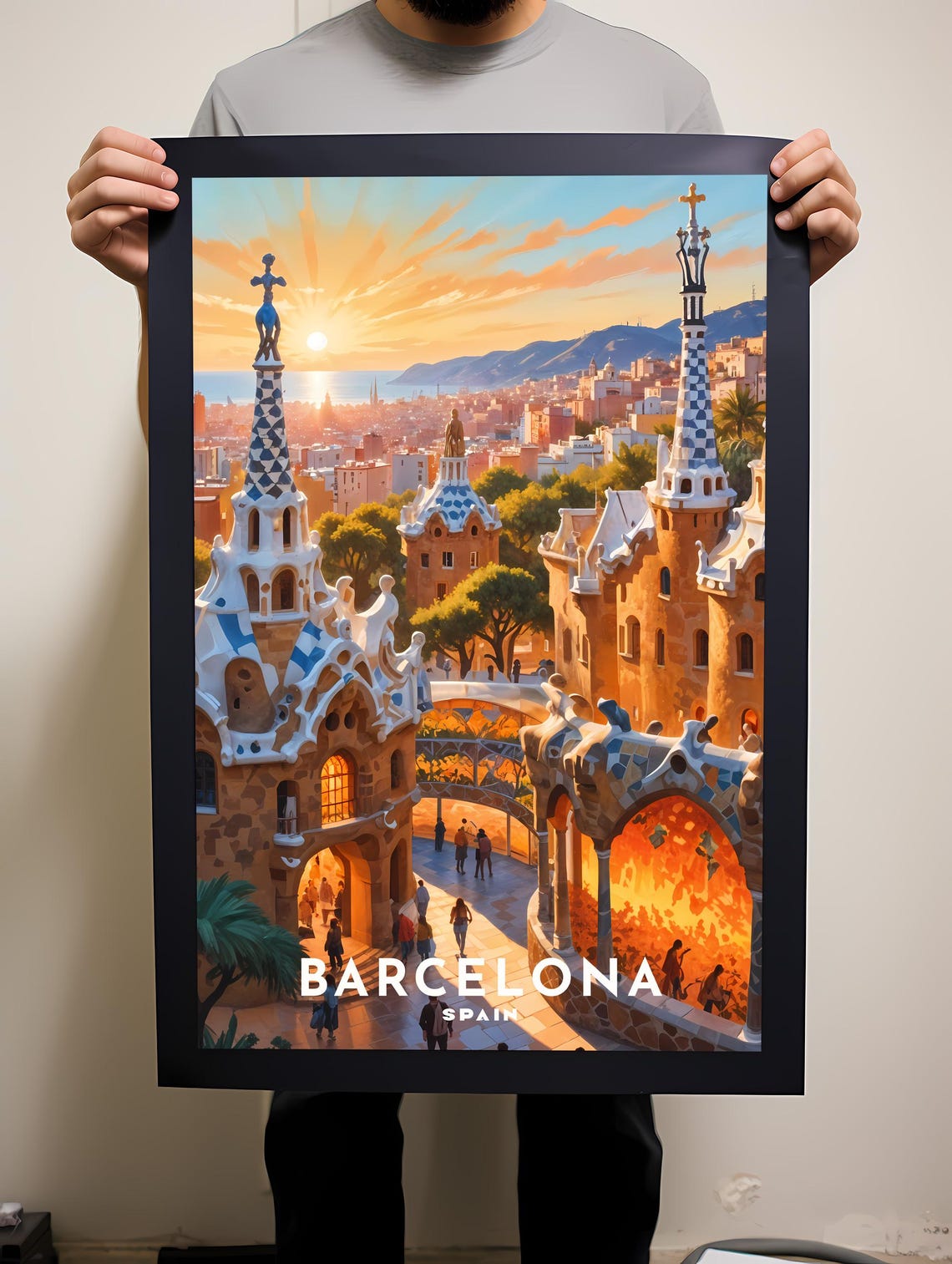 Barcelona Park Guell Sunset Mosaic Terrace View Travel Poster