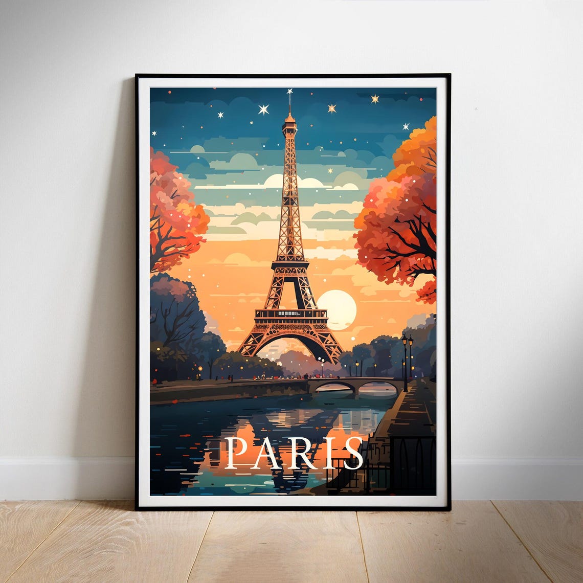 Paris Eiffel Tower Autumn Sunset Seine Illustration Travel Poster