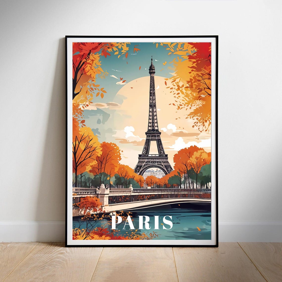 Paris France Eiffel Tower Autumn Foliage River Travel Poster