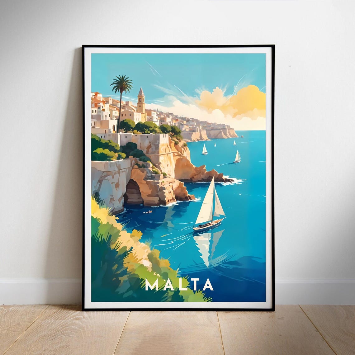 Malta Cliffside Harbor Sailboats Mediterranean Coast Travel Poster