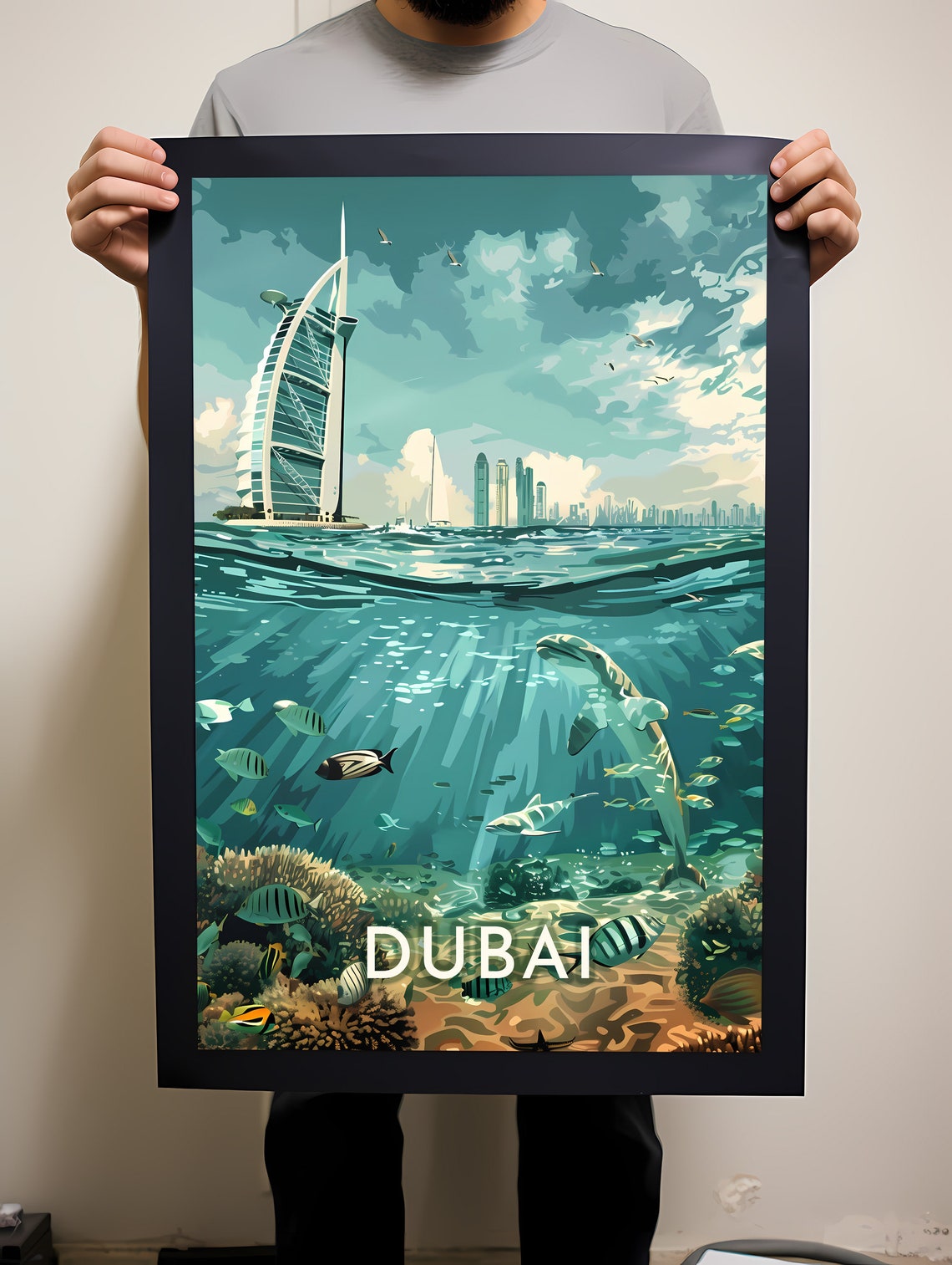 Dubai Burj Al Arab Underwater Coral Reef Illustration Travel Poster