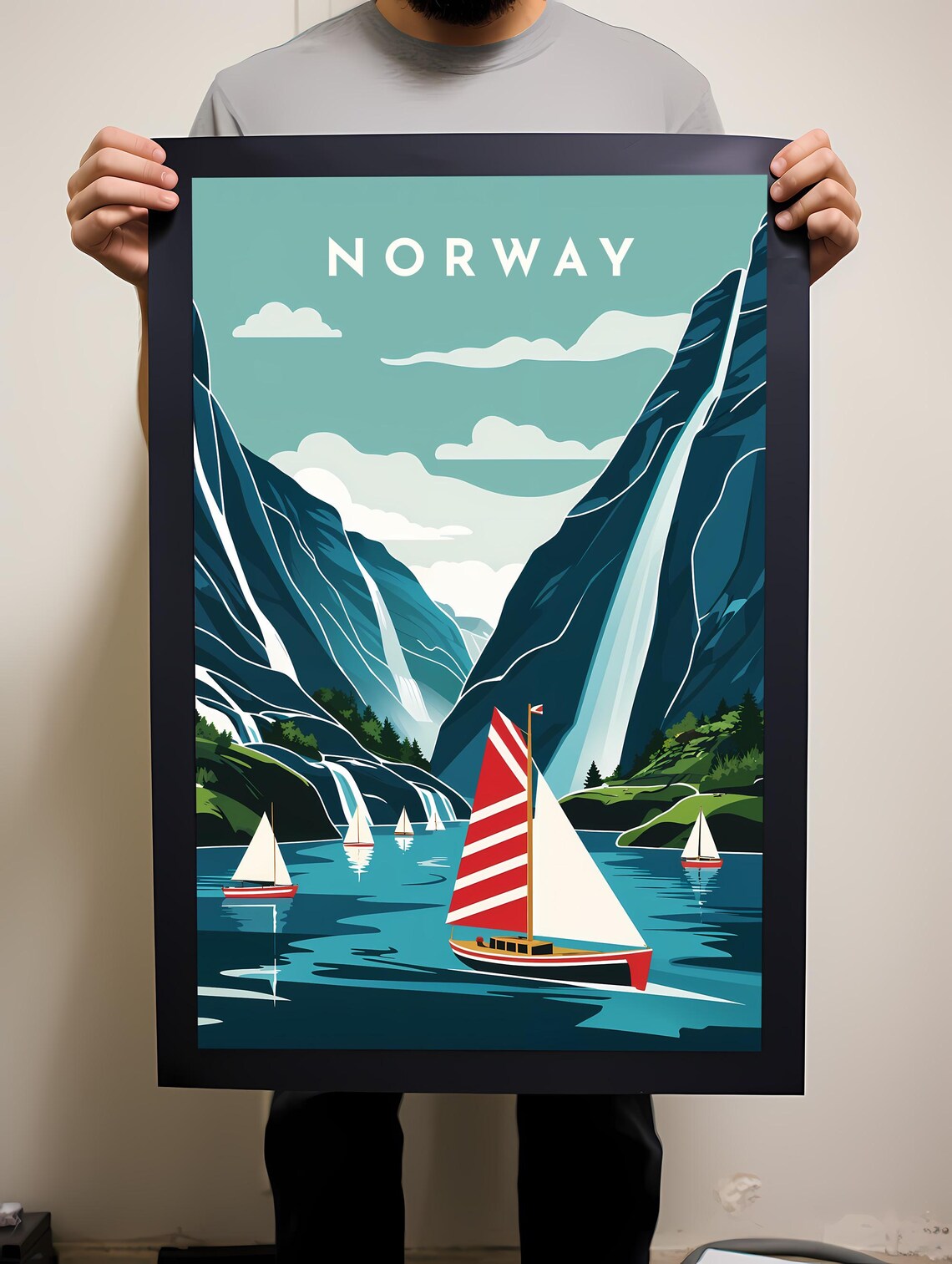 Norway Fjord Sailboats Retro Waterfalls Vintage Travel Poster - Image 2
