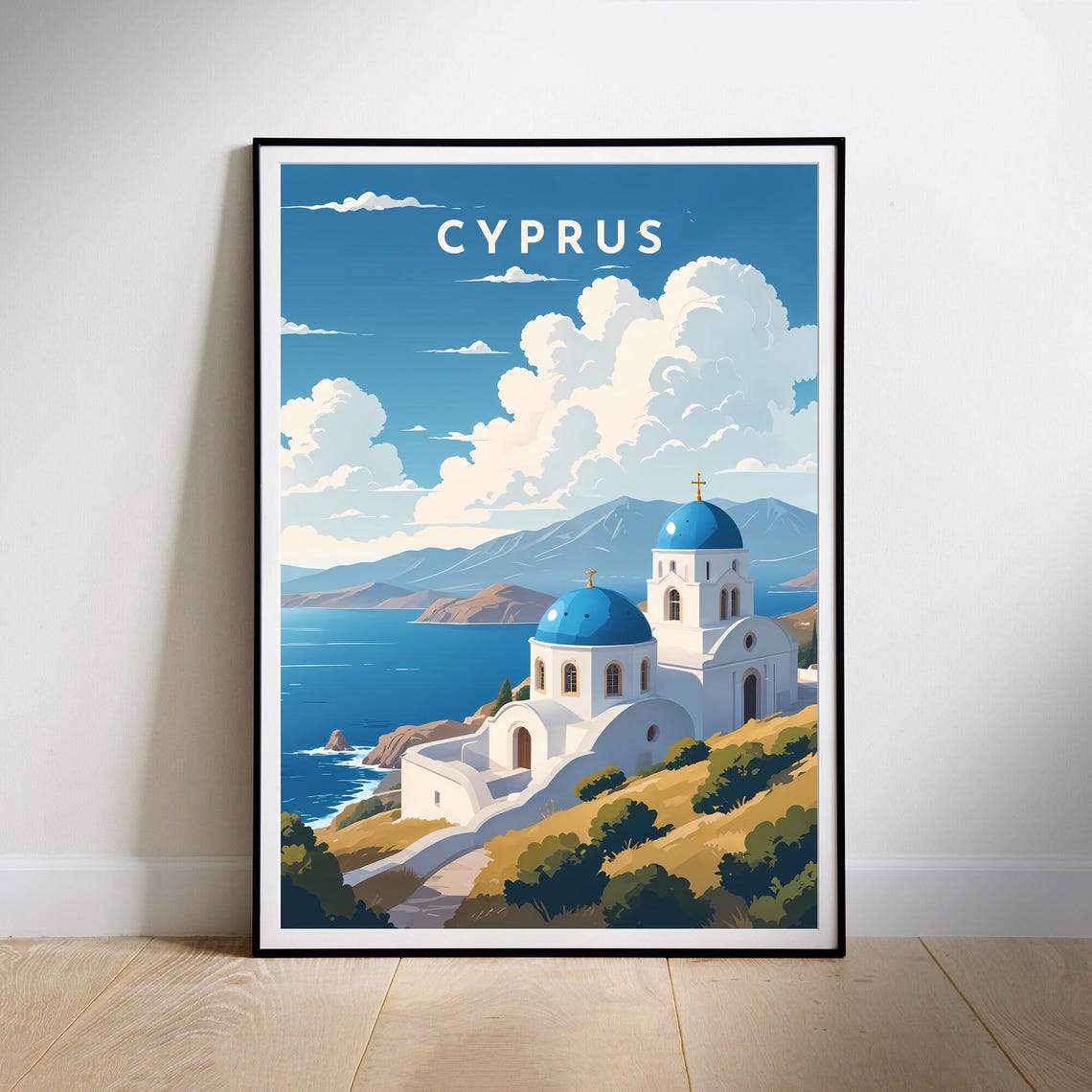 Cyprus Blue Domed Church Coastal Vintage Mediterranean Travel Poster