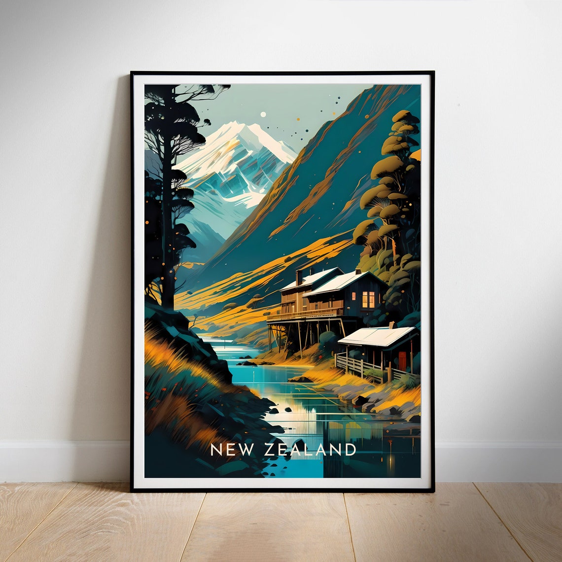 New Zealand Alpine Lake Mountain Cabin Landscape Travel Poster - Image 2