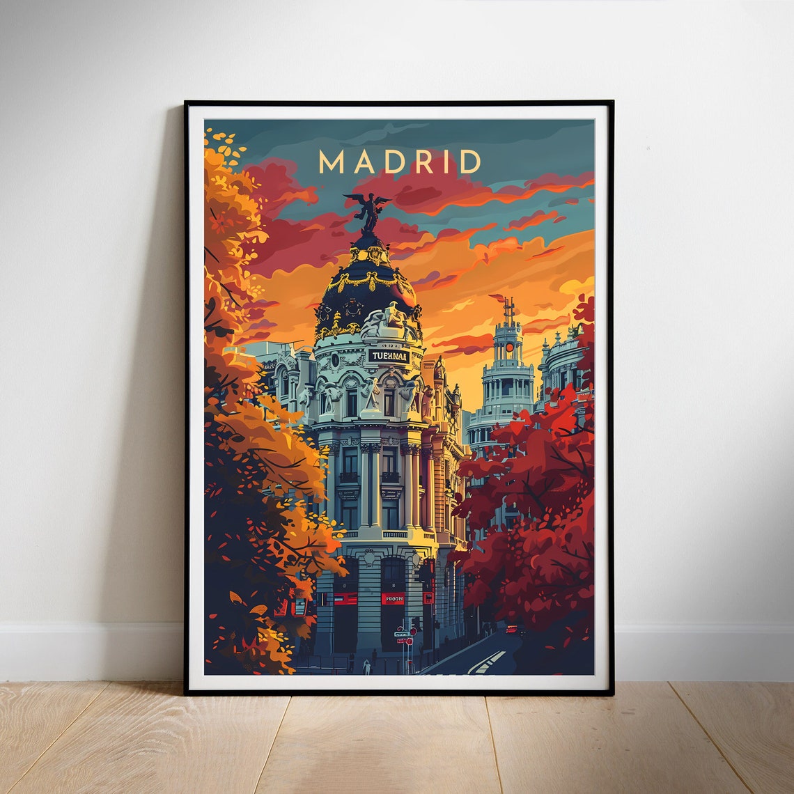 Madrid Spain Metropolis Building Sunset Illustrated Travel Poster
