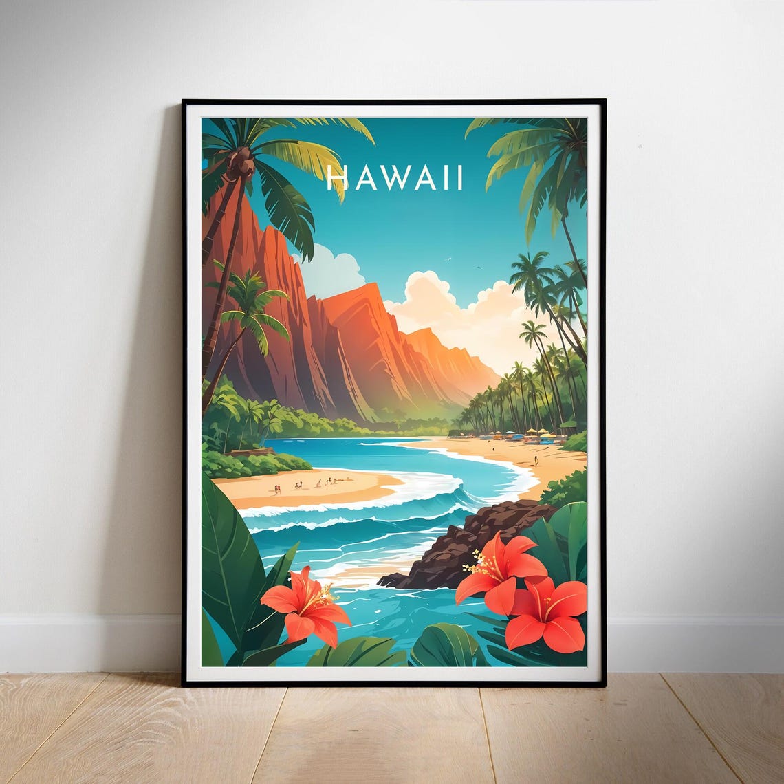 Hawaii Tropical Beach Cliffs Hibiscus Colorful Travel Poster