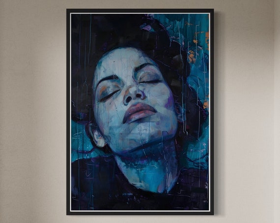 Female Portrait Art Print Strength Empowerment Impasto Painting Woman Erotic Sensual Statement Peice Feature Blue Wall Design Gift For Home