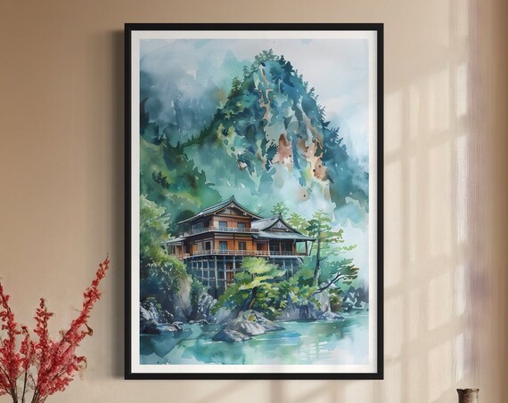 Foggy Japan Mountain Art Print Acrylic Ink Landscape Japanese Decor Poster Mount Fuji Watercolour Painting Forest River Minka