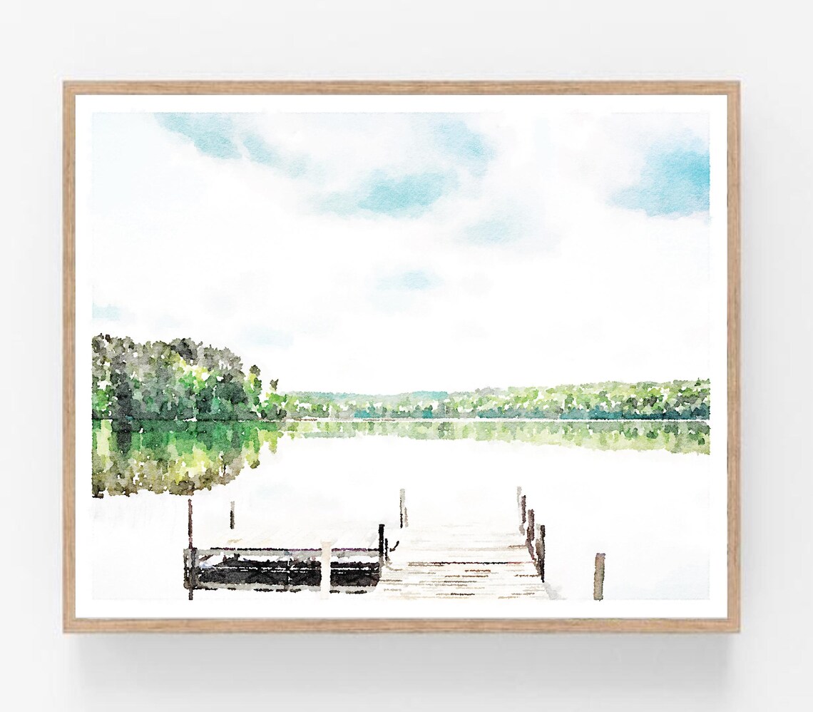 Lake Landscape Painting Watercolor Print, Dock House