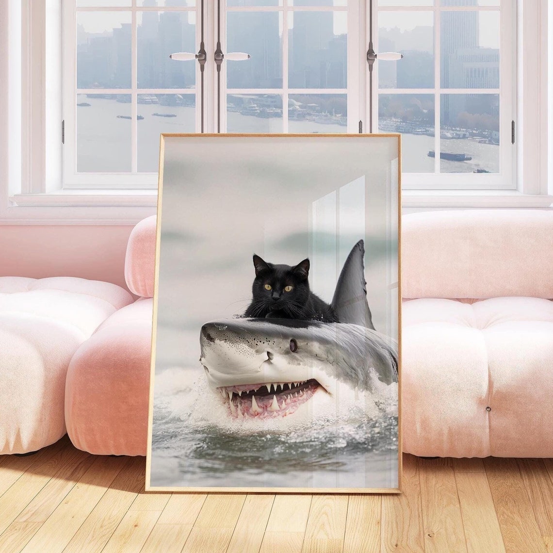 Funny Black Cat Riding A Great White Shark In The Ocean Poster - Image 4